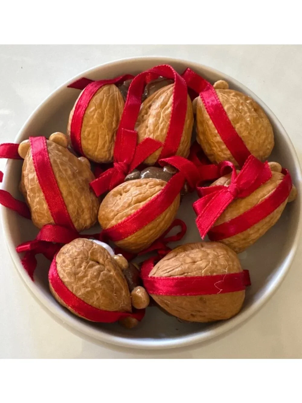 Handmade Christmas Bear Ornaments In Walnut Shells With Red Ribbons -‎ Set Of 8